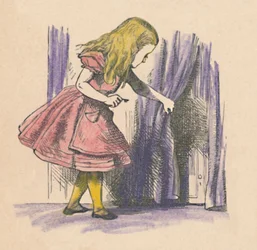 Alice regardant une petite porte derrière un rideau, 1889