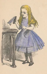 Alice regardant la bouteille avec le signe bois-moi, 1889