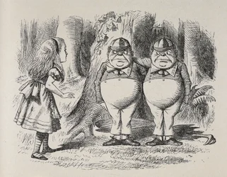 Alice rencontrant Tweedle Dee et Tweedle Dum pour la première fois