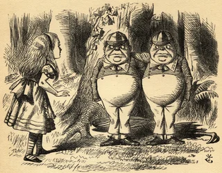 Alice avec Tweedledum et Tweedledee. Illustration de Sir John Tenniel