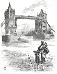 Dessin humoristique représentant le Père Thames admirant Tower Bridge, Londres