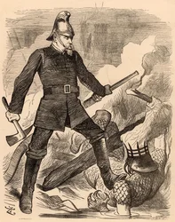 Eyre Massey Shaw combattant le feu, de "Punch" Londres, 20 août 1887 (gravure)