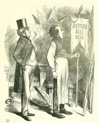 Économie politique : Réforme du Parlement - extension du droit de vote. Disraeli (chancelier) et Derby (Premier ministre) dépoussiérant le projet de loi de réforme. En 1867, Disraeli a introduit un nouveau projet de loi. Caricature de John Tenniel dans Pun