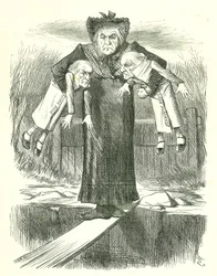 Déposer deux, et en porter un.?: Gladstone, le Premier ministre britannique, dans un dilemme sur lequel des projets de loi irlandais controversés abandonner. Caricature de John Tenniel de Punch, Londres, 3 avril 1886.