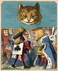 Le Chat du Cheshire regardant le Roi et la Reine Rouge se disputer