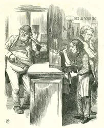 Le garçon honnête : Réforme du Parlement - extension du droit de vote. Disraeli servant la réforme à John Bull sous le regard de son opposition parlementaire. Il a introduit et fait adopter son projet de loi sur la réforme. Caricature de Tenniel de Punch, 