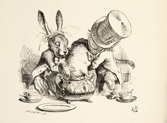Le Chapelier fou et le Lièvre de Mars mettent le Loir dans la théière, extrait des « Aventures d