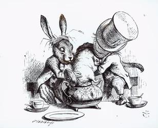 Le Chapelier fou et le Lièvre de Mars mettant le Loir dans la théière, illustration tirée des « Aventures d