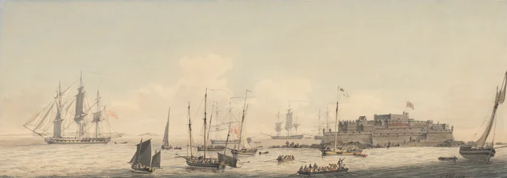 Vue du château Cornet, Guernesey, îles Anglo-Normandes, avec des navires