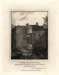 Hall des chirurgiens-barbiers, Monkwell Street, depuis le cimetière de l