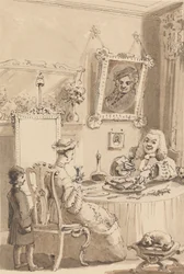 Hogarth buvant le premier verre de vin avec sa femme - leurs chiens gardant une distance respectueuse