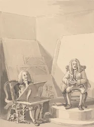 Hogarth réalisant un portrait de H. Fielding pour un libraire, à partir des traits de Garrick qui a emprunté une des perruques de l