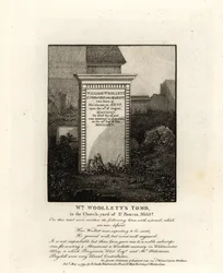 Tombe du graveur royal William Woollett, décédé en 1735, dans le cimetière de St Pancras, Middlesex