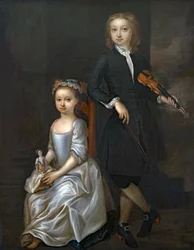 Un Jeune Garçon Tenant un Violon et une Jeune Fille Tenant une Poupée
