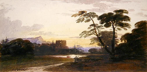 Une figure dans un paysage boisé