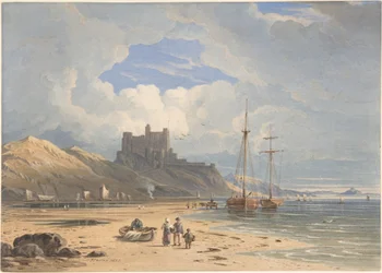 Le château de Bamborough vu du nord-est, avec Holy Island au loin, Northumberland