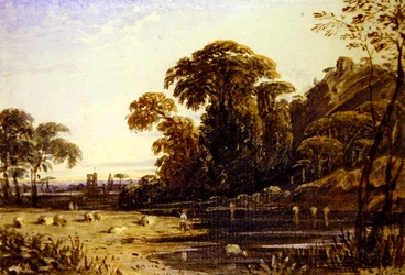 Paysage avec une tour sur une colline