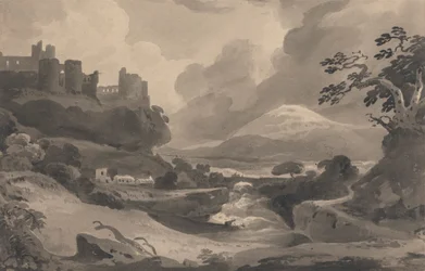 Paysage de montagne avec ruines de château sur une falaise