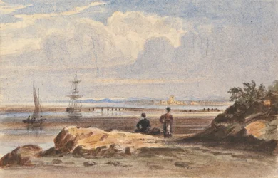 Rivage avec deux figures et une ville lointaine