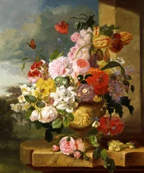 Nature morte de fleurs dans un vase (dont jonquilles, roses, tulipes et primeveres). Peinture de John Wainewright (ne au 19eme siecle) Collection privee.