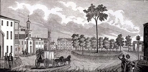 Partie centrale de Pittsfield, Massachusetts, de Collections historiques du Massachusetts, par John Warner Barber, gravé par S. E. Brown, 1839