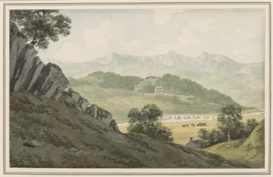 Pont de Llanelltyd sur le Maw, sur la route entre Barmouth et Dolgellau, vue vers Hengwrt et au-delà vers Cader Idris, Merionethshire, 16 juillet 1790