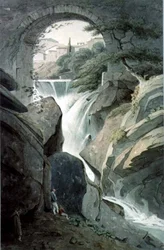 Les chutes de Tivoli avec trois personnages au premier plan