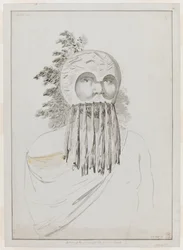 Un homme des îles Sandwich avec un masque. Un homme des îles Sandwich avec un masque consistant en une coiffe en bol avec des découpes pour les yeux.