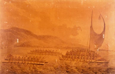 Canoës allant à la rencontre du capitaine James Cook
