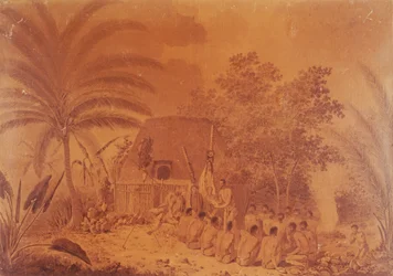 Offrandes au capitaine James Cook, gravure de John Webber, Polynésie XVIIIe siècle