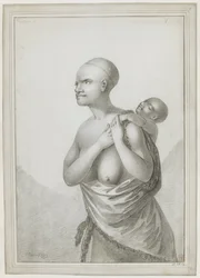 [Dessin entier] Une femme tasmanienne portant un enfant sur son dos, avec une peau en bandoulière de son épaule gauche autour de sa taille. Janvier 1777