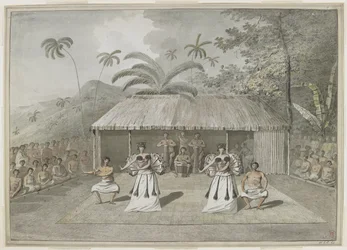 [Dessin complet] Une danse ou heiva à Otaheite [Tahiti]. Deux hommes et deux femmes dansant, avec des batteurs derrière, et des spectateurs de chaque côté. Septembre 1777