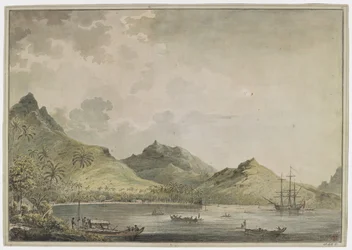 [Dessin complet]. Une vue du port de Huahine [Fare Harbour] avec des montagnes en arrière-plan, y compris le mont Turi. Dans la baie se trouve le 