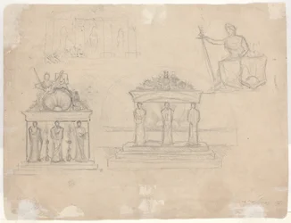 Études de façades de temples classiques et figure féminine assise