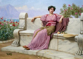 "Tranquillite" Une jeune femme vetue a la mode antique, assise dans un jardin sur un banc de marbre, le regard reveur. Peinture de John William Godward (1861-1922)