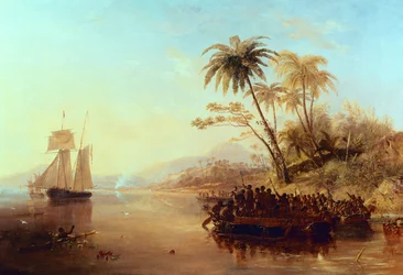 Un navire de relevé britannique dans le Pacifique Sud accueilli par des insulaires en pirogues, vers 1840