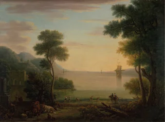 Paysage classique avec figures et animaux : Coucher de soleil