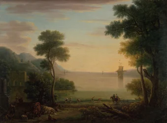 Paysage classique avec figures et animaux : Coucher de soleil