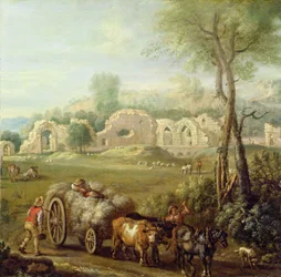 Charrette de foin passant devant une abbaye en ruine, c.1740-50