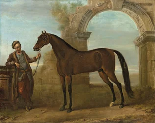 Le Godolphin Arabien, tenu par un palefrenier, dans un paysage avec une arche en ruine, 1731