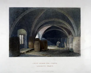 Crypte remplie de barils sous la chapelle du palais de Lambeth, Londres