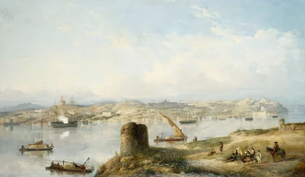 Une vue étendue de Lisbonne sur le fleuve Tejo avec la Praca do Terreiro do Paco, la vieille cathédrale et le Castelo de S. Jorge