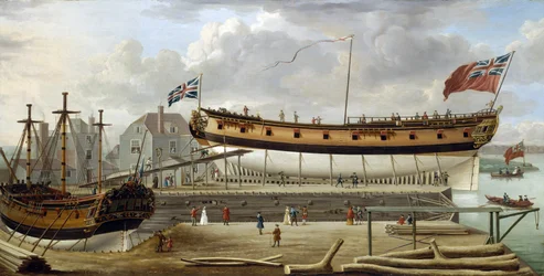 Un navire de sixième rang, un navire de guerre de la Royal Navy britannique, en cale sèche, probablement dans le chantier naval de Rotherhite, sur la rive sud de la Tamise