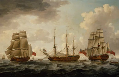 H.M.S. Tyrall en trois positions au large d