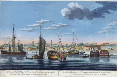 Vue des docks royaux à Woolwich, sur la rive gauche de la Tamise (Angleterre), dans le comté de Kent. Gravure en couleurs de John Clevely le Jeune (1747-1786)