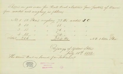 Note de Johnson Gardner, Traversées de la Yellow Stone, 18 juillet 1832