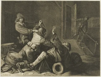 Trois hommes en lutte dans un intérieur