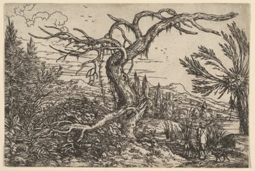 Paysage avec un chasseur et ses chiens