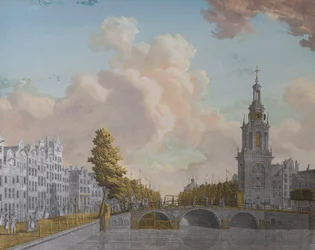 Vue de la tour appelée Jan Roodenpoortstoren et du canal Singel à Amsterdam
