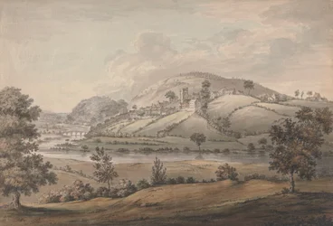 Paysage vallonné avec village et rivière